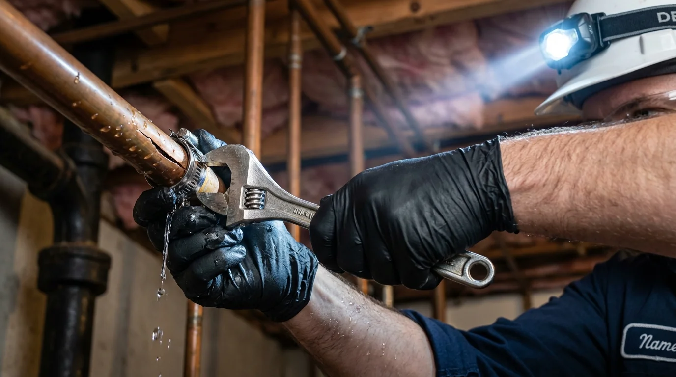 Emergency pipe clamp repair being performed by a Johns Plumbing LLC plumber in Paramount